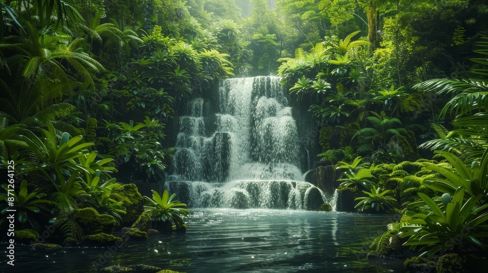 Waterfall oasis amidst lush greenery, rainforest setting, cascading water, vibrant green foliage, serene and mystical atmosphere Waterfall oasis amidst lush greenery, rainforest setting, cascading water, vibrant green foliage, serene and mystical atmosphere