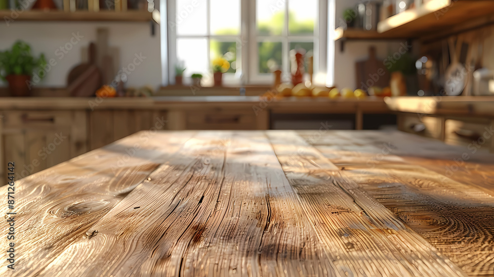 Beautiful natural wooden table with kitchen background Beautiful natural wooden table with kitchen background