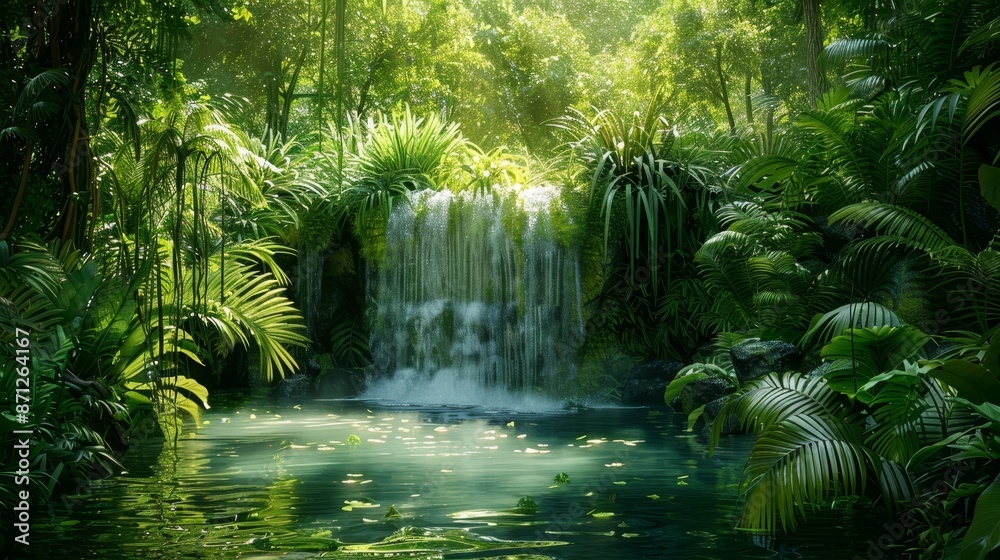 Fototapeta premium Waterfall oasis amidst lush greenery, rainforest setting, cascading water, vibrant green foliage, serene and mystical atmosphere