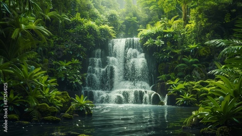 Waterfall oasis amidst lush greenery, rainforest setting, cascading water, vibrant green foliage, serene and mystical atmosphere