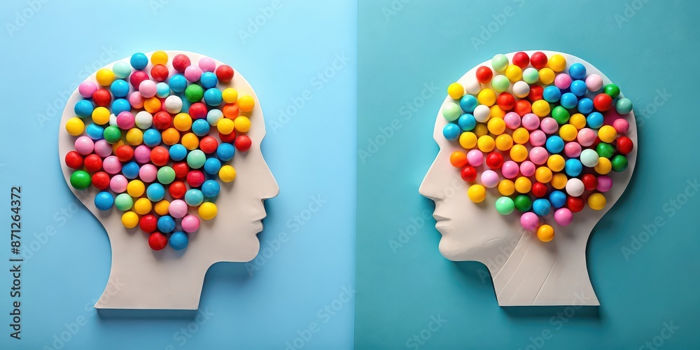 Head shapes with colorful paper balls representing negative and positive thinking, positive, negative, thinking, concept Head shapes with colorful paper balls representing negative and positive thinking, positive, negative, thinking, concept
