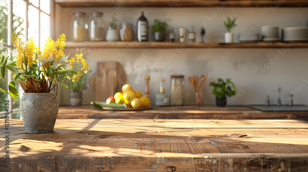 Fototapeta premium Beautiful natural wooden table with kitchen background
