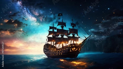 銀河に照らされる夜空 生物発光の海を行く海賊船