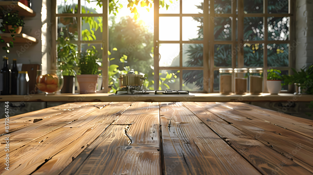 Beautiful natural wooden table with kitchen background Beautiful natural wooden table with kitchen background