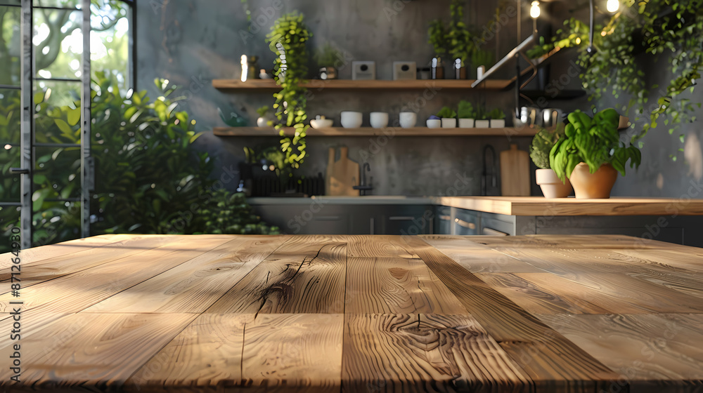 Beautiful natural wooden table with kitchen background Beautiful natural wooden table with kitchen background
