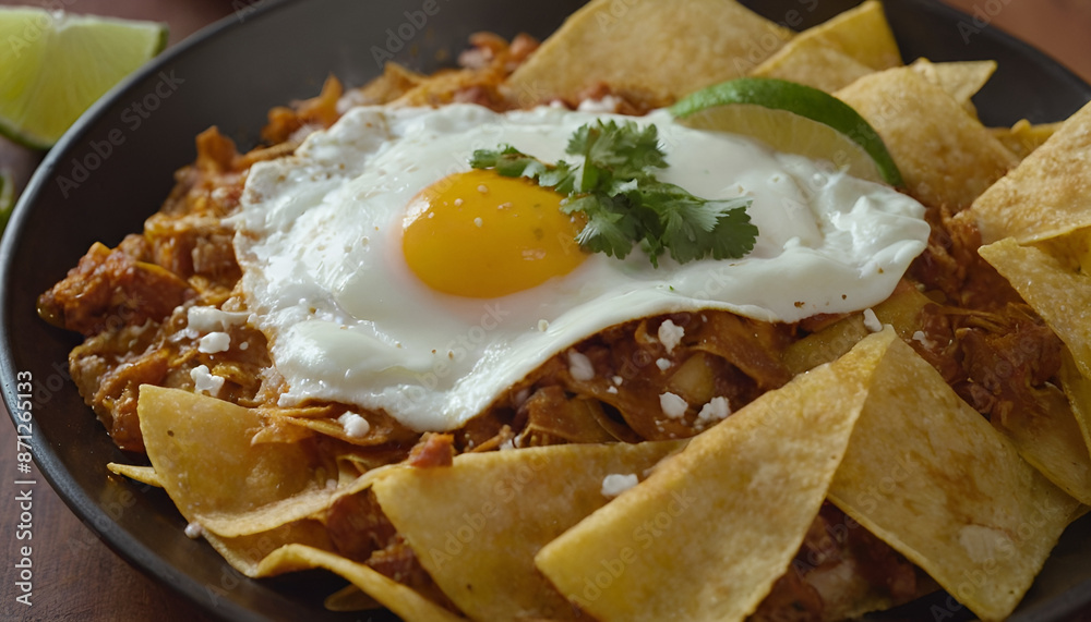 closeup of mexican chilaquiles on a plate closeup of mexican chilaquiles on a plate