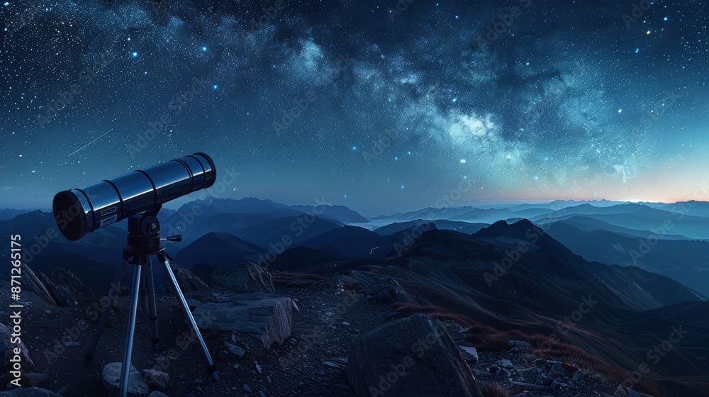 Naklejka premium Professional telescope under a starry night sky, mountain peak observatory, detailed and expansive view, tranquil and inspiring scene