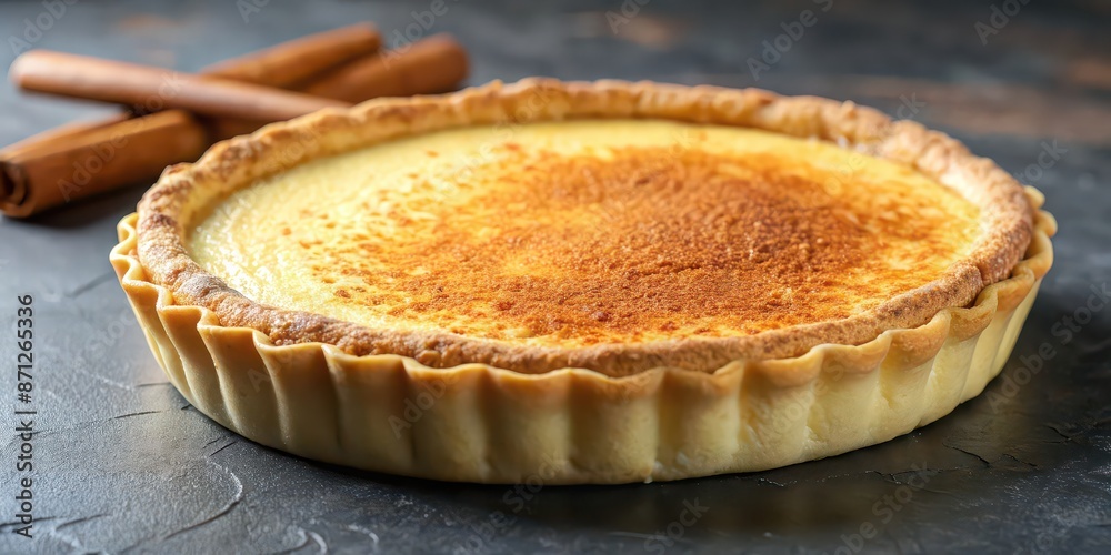 Close-up of a South African milk tart with buttery crust, creamy custard, and cinnamon sprinkled on top, South African Close-up of a South African milk tart with buttery crust, creamy custard, and cinnamon sprinkled on top, South African