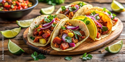 Vibrant image of Tacos al Pastor on a wooden table with fresh toppings , Mexican, street food, authentic, colorful