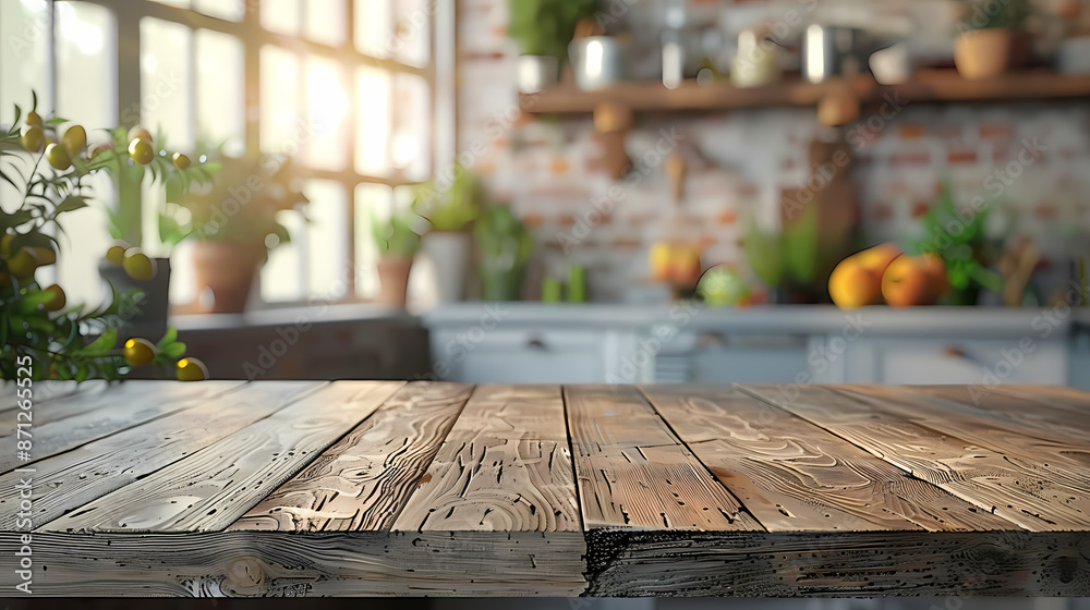Beautiful natural wooden table with kitchen background Beautiful natural wooden table with kitchen background