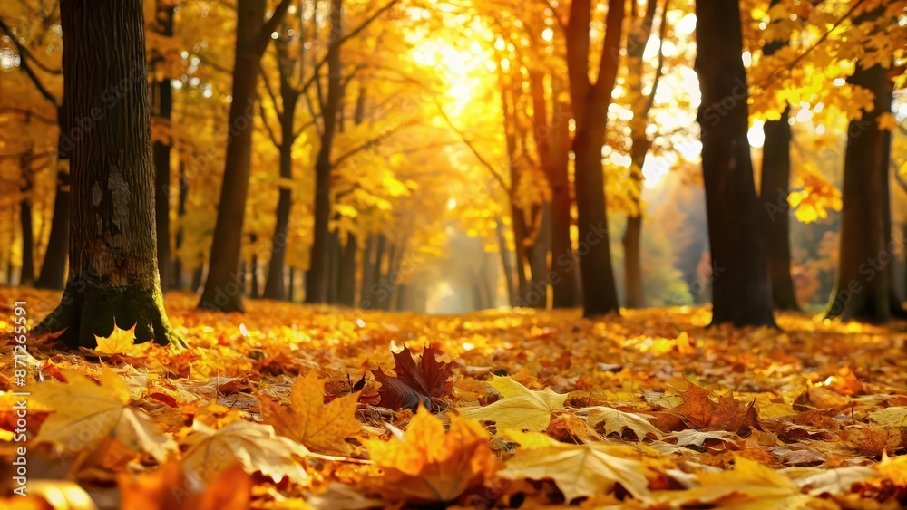 Golden leaves carpeting the forest floor under maple trees in autumn , Maple trees, autumn, fall, foliage, golden, leaves Golden leaves carpeting the forest floor under maple trees in autumn , Maple trees, autumn, fall, foliage, golden, leaves