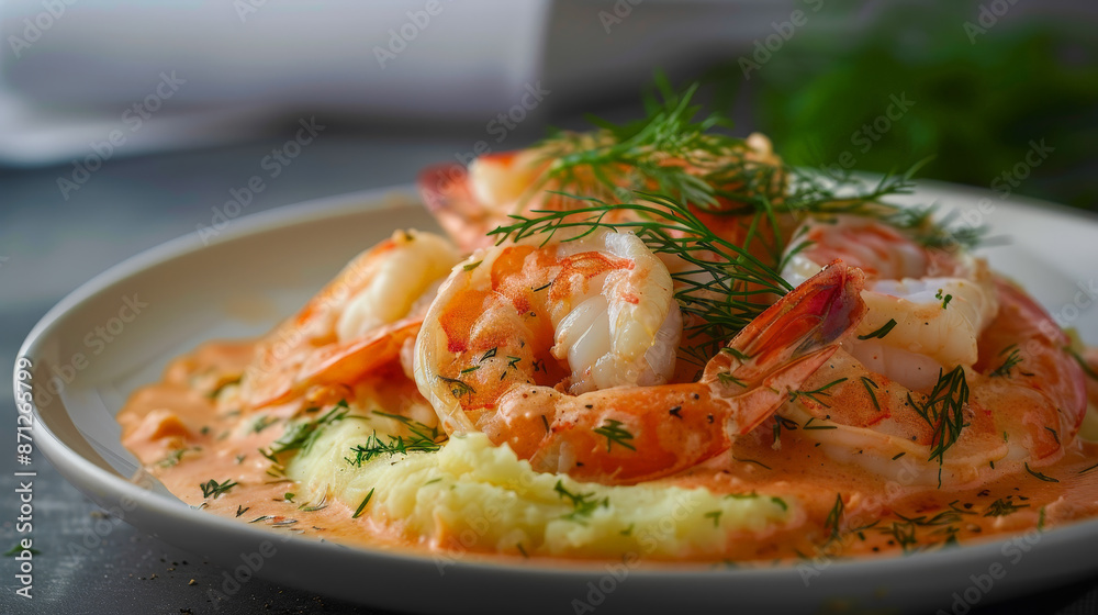 Large and succulent shrimp stroganoff in a creamy pink sauce, mashed potatoes with lemon zest Large and succulent shrimp stroganoff in a creamy pink sauce, mashed potatoes with lemon zest