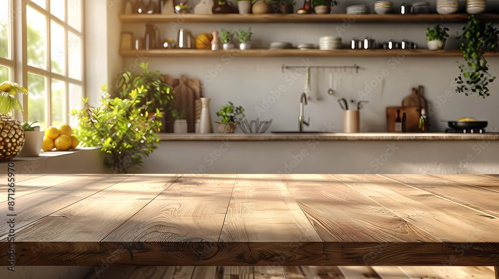 Beautiful natural wooden table with kitchen background Beautiful natural wooden table with kitchen background