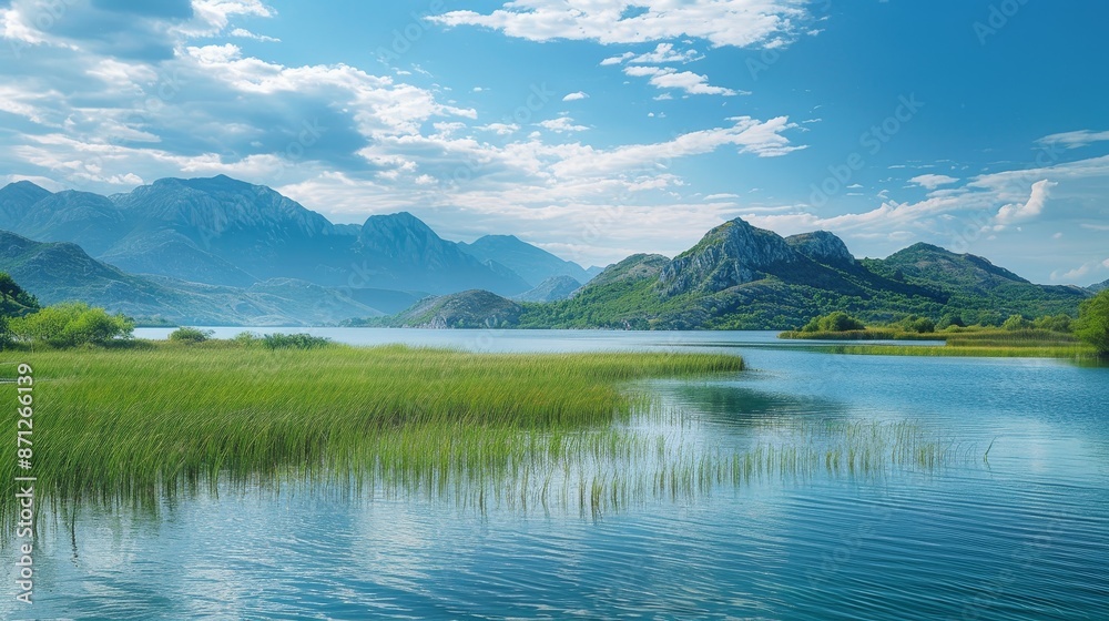 Stunning Skadar Lake with mountains backdrop, vibrant colors, serene waters, popular travel destination, detailed landscape, inviting and picturesque Stunning Skadar Lake with mountains backdrop, vibrant colors, serene waters, popular travel destination, detailed landscape, inviting and picturesque