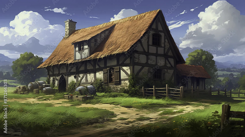 Farmhouse under a vibrant sunset sky, serene landscape Fantasy wallpaper Farmhouse under a vibrant sunset sky, serene landscape Fantasy wallpaper