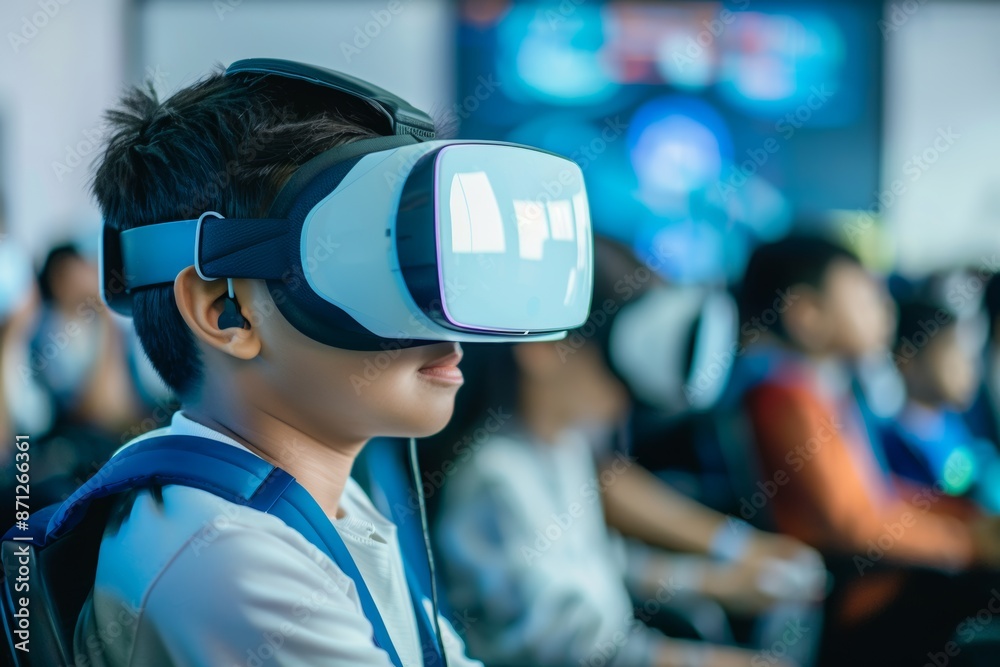 A young student using a virtual reality headset in a classroom setting, exploring immersive technology. A young student using a virtual reality headset in a classroom setting, exploring immersive technology.