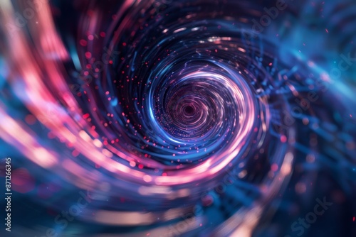 A mesmerizing spiral of vibrant pink, blue, and purple light with glowing particles, resembling a cosmic vortex or digital wormhole.