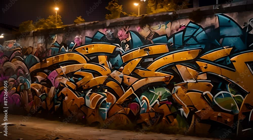 The street walls are covered with beautiful graffiti paintings at night