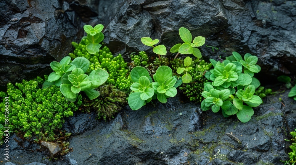 Small plants emerging from a rocky terrain, lush green moss, natural texture, intricate and vibrant, peaceful and organic Small plants emerging from a rocky terrain, lush green moss, natural texture, intricate and vibrant, peaceful and organic