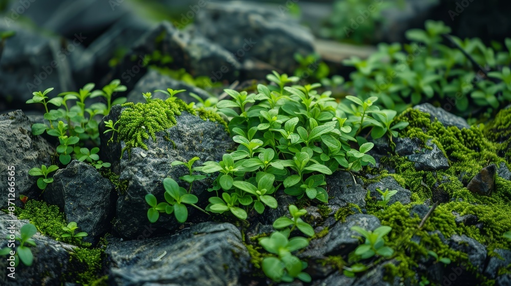 Small plants emerging from a rocky terrain, lush green moss, natural texture, intricate and vibrant, peaceful and organic Small plants emerging from a rocky terrain, lush green moss, natural texture, intricate and vibrant, peaceful and organic
