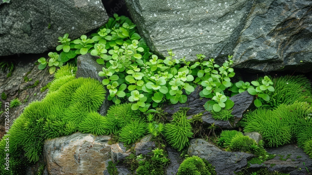 Small plants growing amidst rocks, lush green moss, natural texture, intricate details, vibrant and tranquil