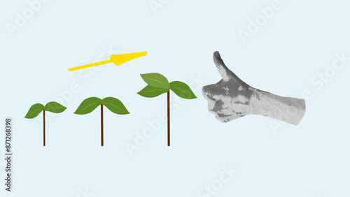 Halftone Collage business paper vintage cut paper. Carelessly pasted objects. Plant growth hand thumbs up. Design banner poster advertising materials. Vector illustration.
