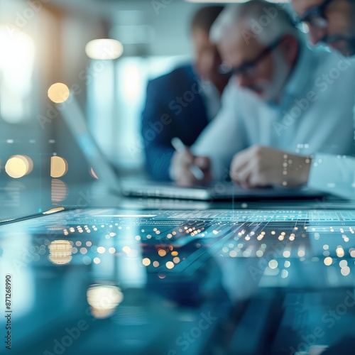Blurred image of businesspeople working together on a laptop, representing collaboration and teamwork.