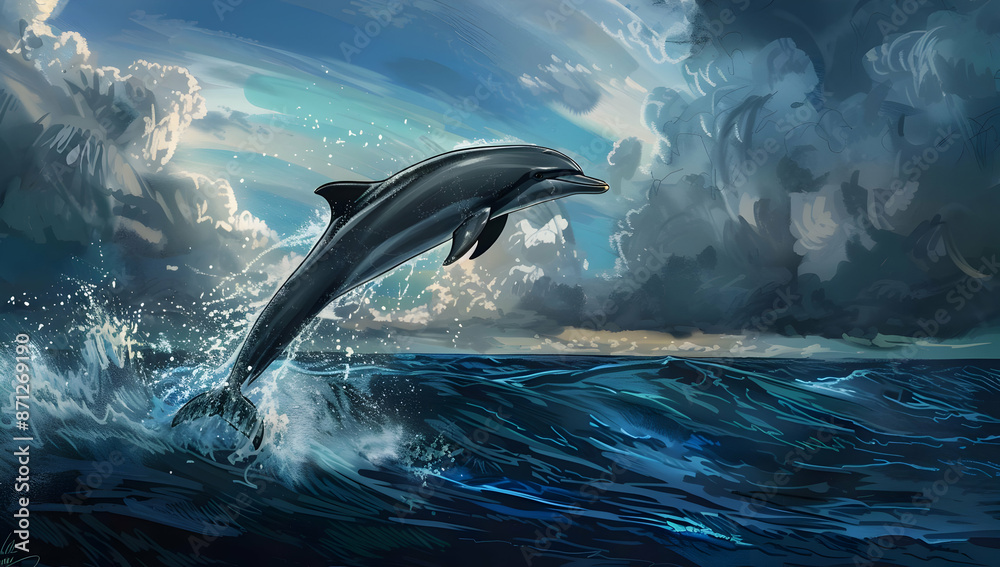 Fototapeta premium A majestic dolphin leaps out of the ocean against a dramatic cloudy sky, capturing the essence of freedom and nature's beauty.