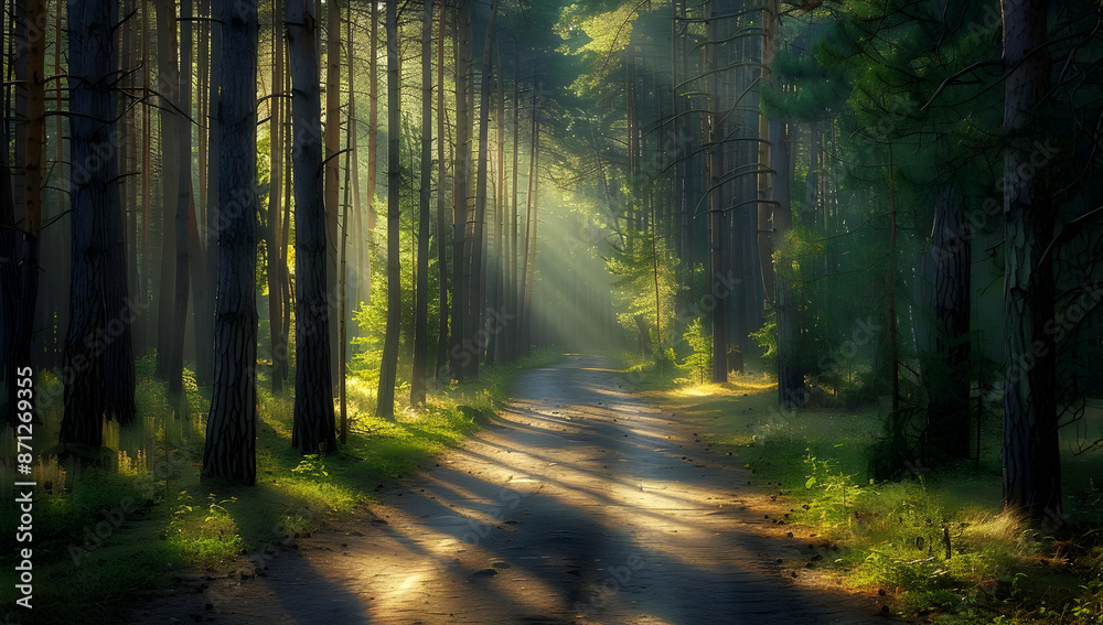 Fototapeta premium A serene forest path illuminated by warm sun rays filtering through the tall trees, creating a peaceful and idyllic natural setting.