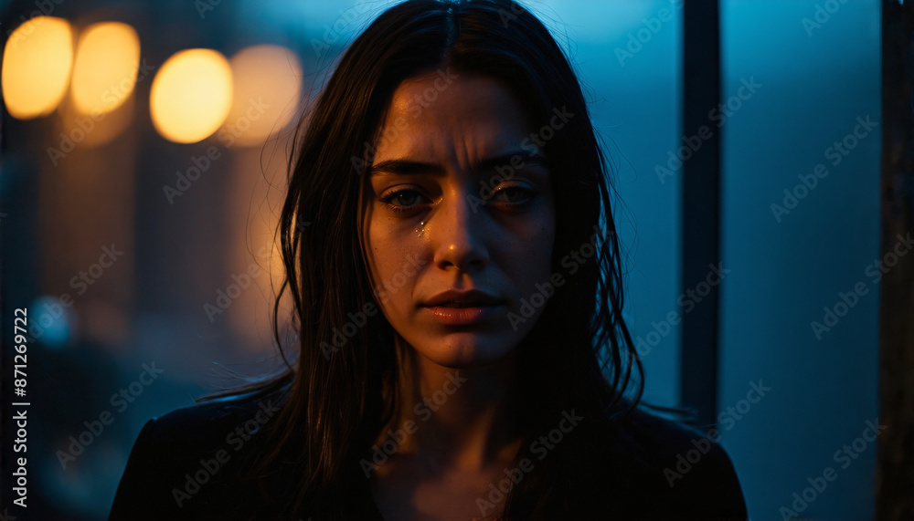 Young woman with tearful expression in dimly lit room
