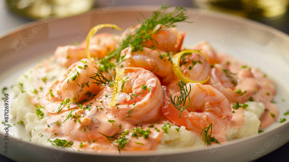 Large and succulent shrimp stroganoff in a creamy pink sauce, mashed potatoes with lemon zest
