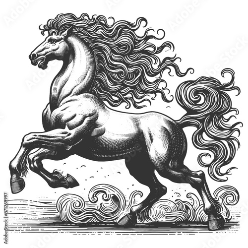 majestic horse prancing amid floral elements, showcasing vintage artistry and fantasy sketch engraving generative ai vector illustration. Scratch board imitation. Black and white image.