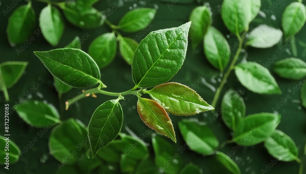 Green Tea Leaves with Dew Droplets