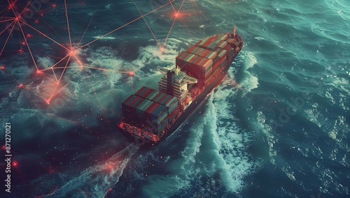 Aerial view of a cargo ship navigating through the ocean, highlighting global trade and technology connections with digital overlay. © sornram