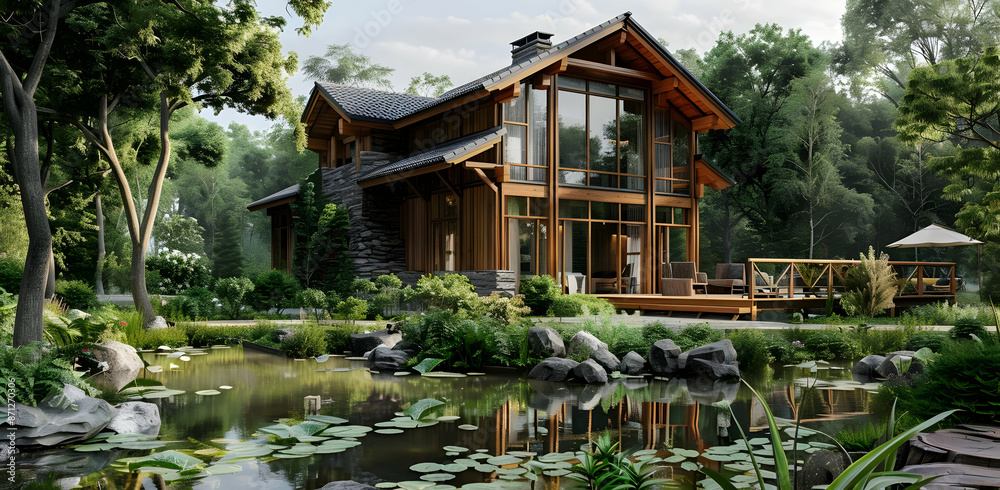 Charming rustic cabin in the woods with a beautiful pond in the foreground, surrounded by lush greenery and trees, perfect tranquil retreat. Charming rustic cabin in the woods with a beautiful pond in the foreground, surrounded by lush greenery and trees, perfect tranquil retreat.