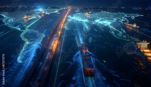 Digital illustration of global maritime trade routes at night, highlighting international shipping lanes and cargo movement. photo