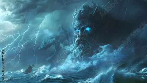 Fantastical depiction of a giant ocean deity with glowing blue eyes emerging from stormy seas, illustrating mythological power and nature's fury.