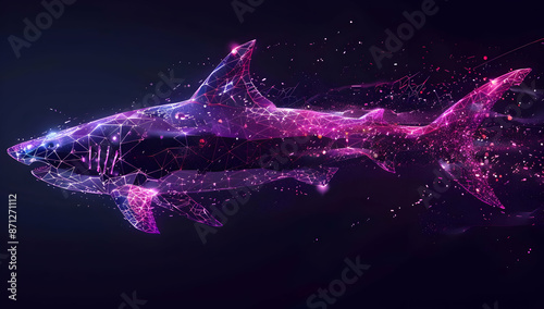 Fototapeta Naklejka Na Ścianę i Meble -  Futuristic digital art representation of a glowing robotic shark in space with a vibrant mix of purple and pink light effects.