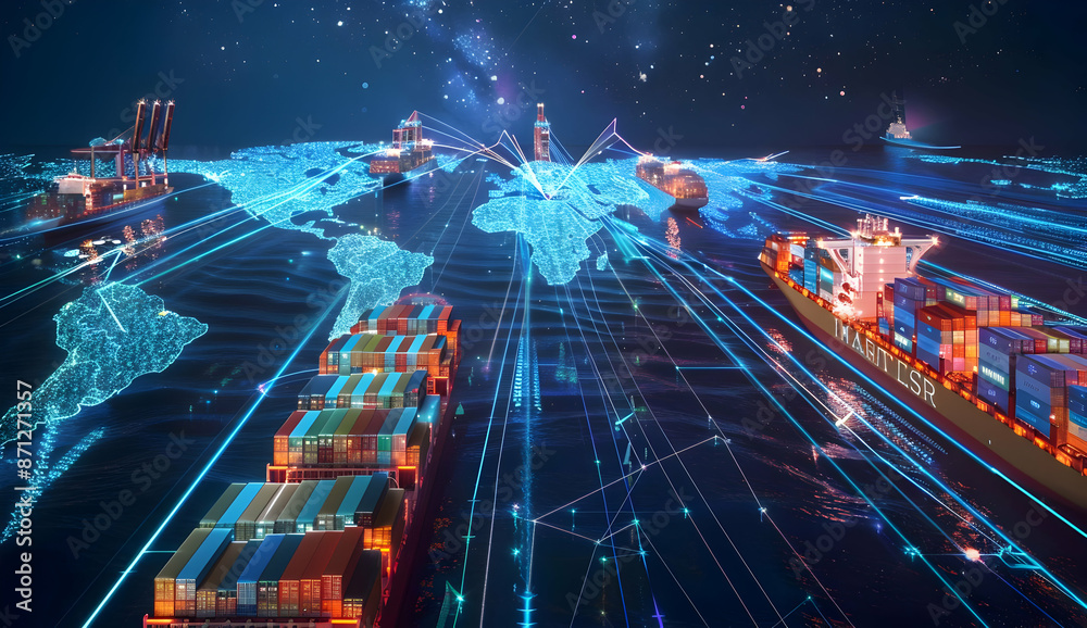 Fototapeta premium Global logistics network with container ships, digital map overlay, and international trade connections under the night sky.
