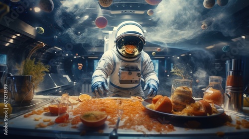 An astronaut prepares a meal in a futuristic spaceship kitchen. The table is covered in food, including oranges and other snacks.  The astronaut is wearing a spacesuit and helmet. photo