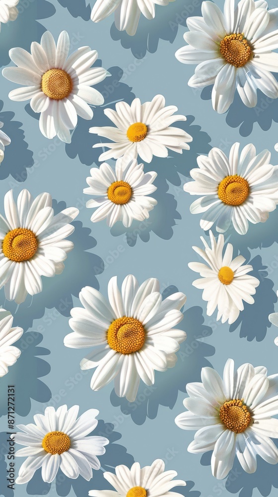 White daisies pattern on light blue background, seamless floral design concept White daisies pattern on light blue background, seamless floral design concept
