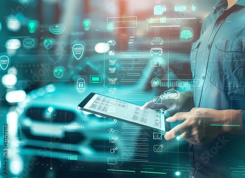 The concept of online second car insurance is illustrated in the style of the man holding an electronic document with check marks on a virtual screen and icons representing family, health care, and mo