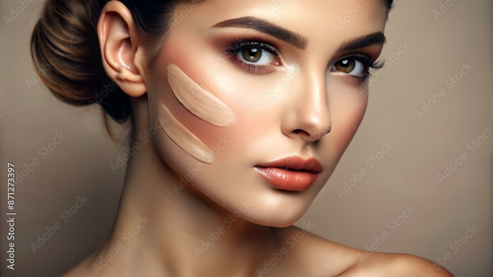 Model face of beautiful woman with foundation on skin Model face of beautiful woman with foundation on skin