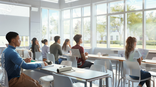 Students in a modern classroom, attentively engaged in learning, seated at desks with large windows allowing natural light to flood the space.