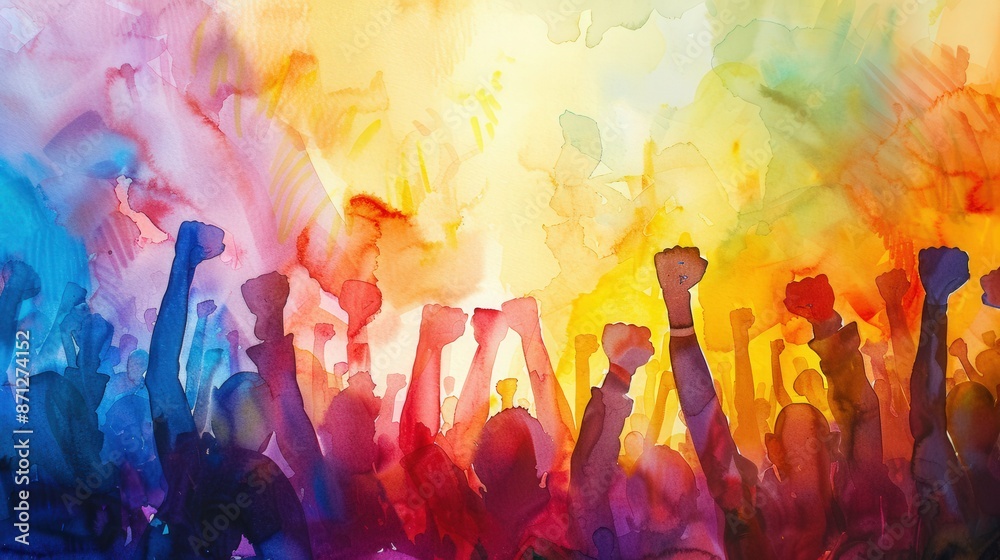 Abstract painting of a crowd with raised fists, symbolizing unity, celebration, and hope. Vibrant colors and dynamic composition. Abstract painting of a crowd with raised fists, symbolizing unity, celebration, and hope. Vibrant colors and dynamic composition.