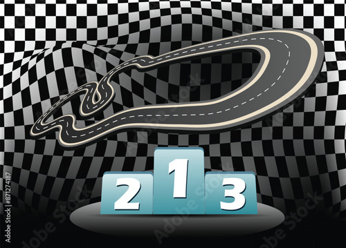 Winding road leading to the winners' podium with checkered flag