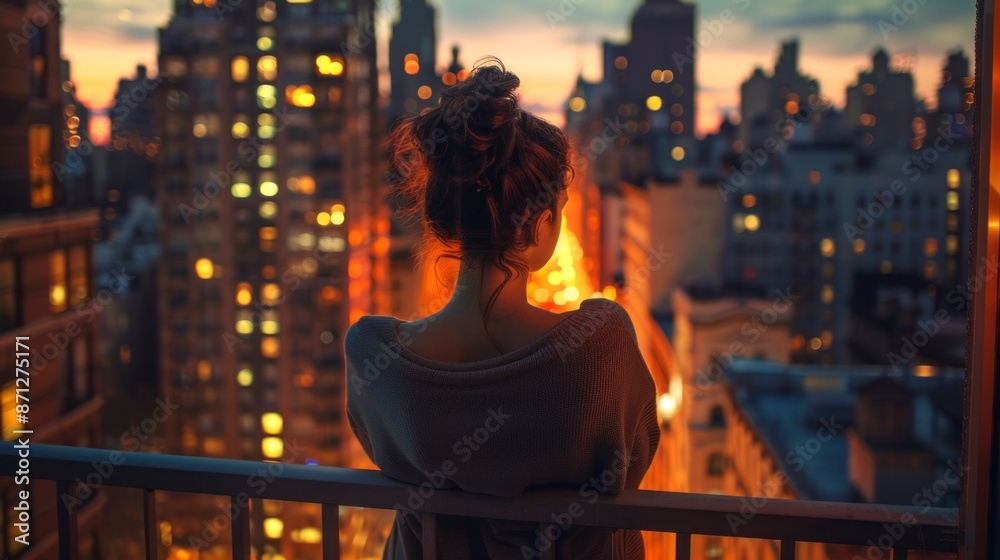 beautiful woman with her back on a tall building overlooking a beautiful sunset of a city beautiful woman with her back on a tall building overlooking a beautiful sunset of a city