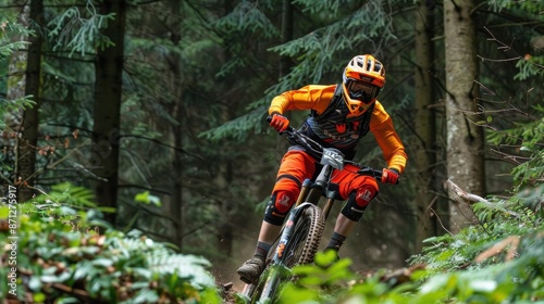An adventurous mountain biker navigates through a dense, lush forest trail, showcasing the thrill and challenge of off-road cycling.