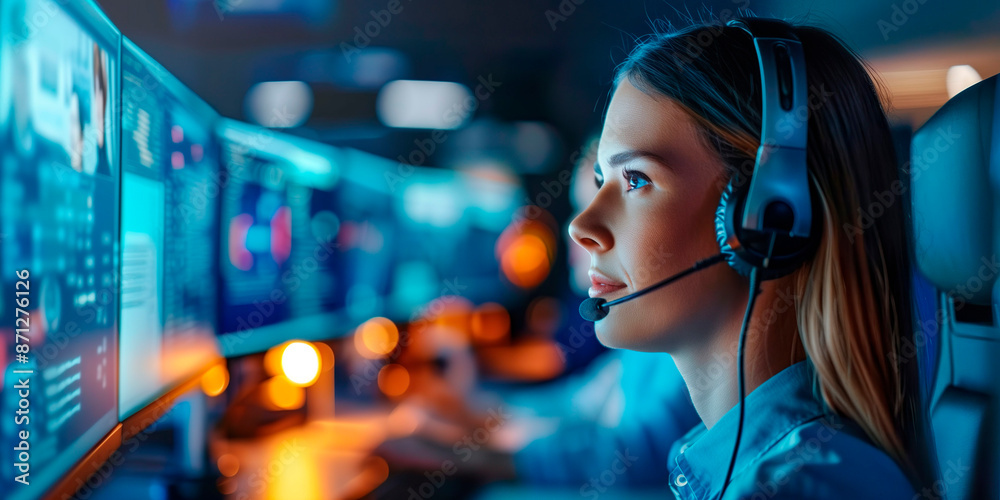A woman wearing a headset is looking at a computer monitor. She is wearing a headset and she is focused on the screen A woman wearing a headset is looking at a computer monitor. She is wearing a headset and she is focused on the screen
