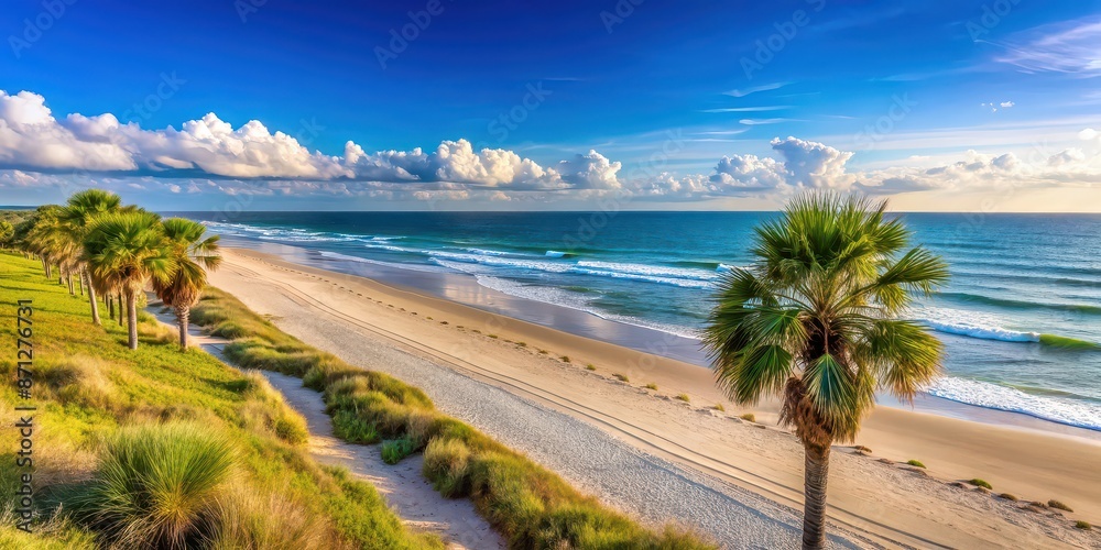 Beautiful beach view in Melbourne, Florida with sandy shore, blue ocean and palm trees, Melbourne, Florida, beach, coastal, view Beautiful beach view in Melbourne, Florida with sandy shore, blue ocean and palm trees, Melbourne, Florida, beach, coastal, view